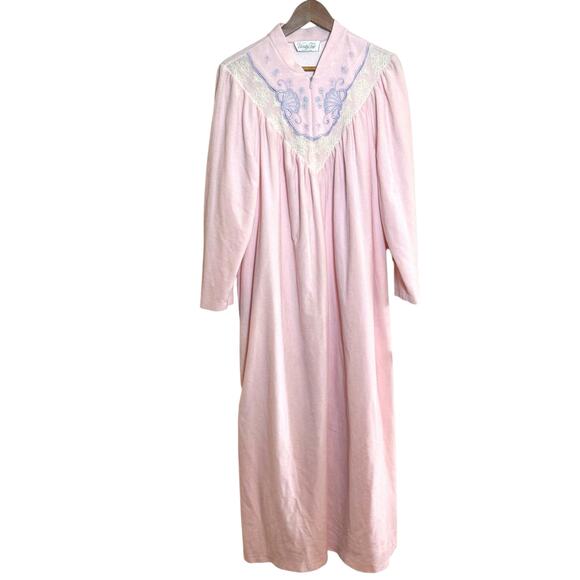 Vtg Vanity Fair Large Made in the USA Pink Embroidered Floral Lace Zip Up  Robe - Picture 1 of 6